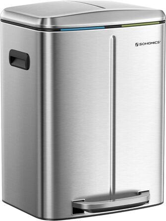SONGMICS Відро для сміття 40 л з 2 відсіками (2 x 20 л), металевий третемер з пластиковим внутрішнім відром, Softclose, герметичний, білий LTB40WT (срібний)