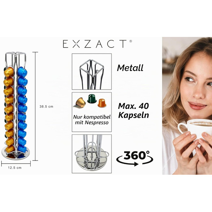 Органайзер для кавових капсул Exzact, сумісний з Nespresso (на 40 капсул) — обертовий підставний тримач для кавових капсул, протиковзкий, сріблястий