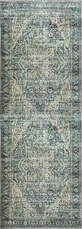 Килим миючий, з штучної вовни, світло-бежевий, для дому, під ліжко, до спальні, обідньої кімнати, під стіл, 2' x 6' (Прямокутний), темно-зелений