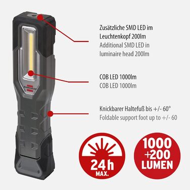 Акумуляторний LED ліхтар Brennenstuhl HL 1000 A IP54 для роботи на вулиці, 1000+200 лм, до 24 годин, COB LED, магніт, гачок, USB-C