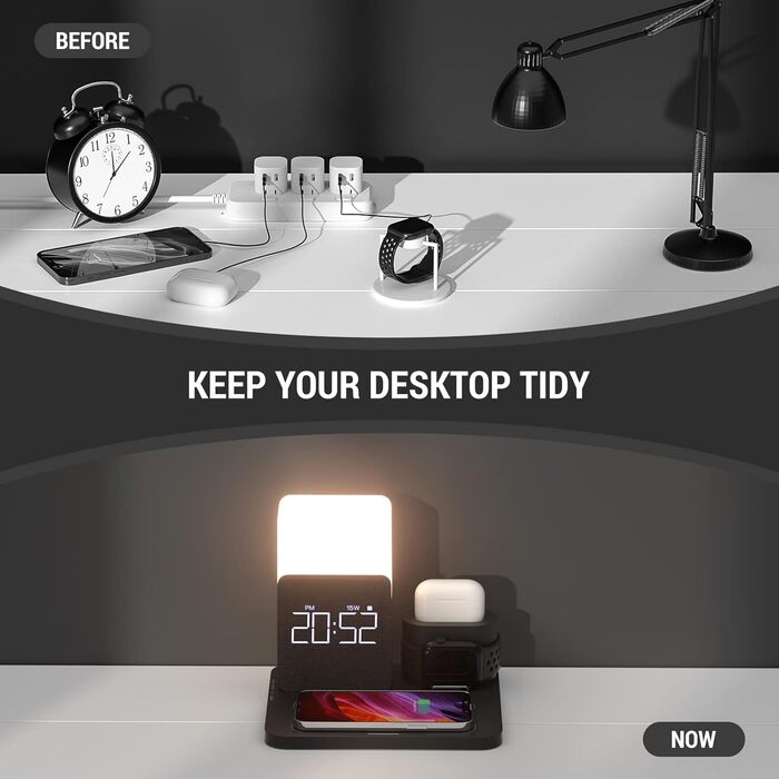 Бездротовий зарядний пристрій COLSUR 3 в 1: зарядка, нічник, будильник. Підходить для iPhone 16/15/14/13/12/11/X/8 Pro Max/Mini/Plus (Чорний)
