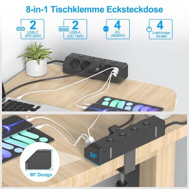 Мережевий адаптер PD 20W з плоским штеплером, розетка FDTEK 4-портова з індивідуальним вимикачем, 4000W, 16A, USB-C, розетка для столу з вимикачем, настільна розетка з кріпленням на стіну, кабель 2м (Чорний з кріпильною пластиною)
