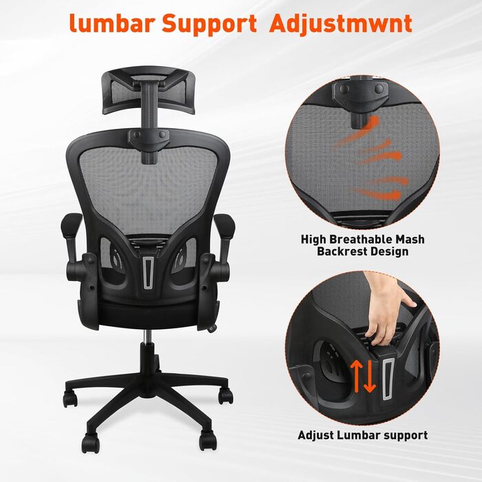 Ергономічне крісло для офісу HANGHAIGO, чорне, з підголівником, підлокітниками та підтримкою попереку, регулювання висоти, функція гойдання 90°-120°, максимальне навантаження 150 кг