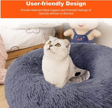 fireowl Donut Dog Bed Large Fluffy: 70cm Soothing Puppy Bed Anti-Anxiety Cat Bed - Plush Pet Bed Round Cozy Washable Gray