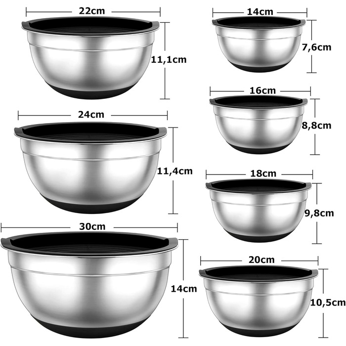 TEAMFAR Mixing Bowl Set of 7, Stainless Steel Bowl Salad Bowl Set with Airtight Lids and Silicone Bottom, Nesting & Dishwasher Safe, 0.7L / 1.2L / 1.5L / 2.5L / 2.8L / 3.5L / 6.5L, black