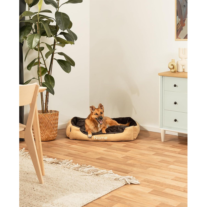 Ліжко для собак Lionto з двостороннім подушкою та неслизьким дном, міцне лежання для собак та котів будь-якого віку, 60x48 см, м'яке собаче ліжко, (Д 90 x Ш 70 x В 20 см (з іменним нанесенням), бежево-коричневе)