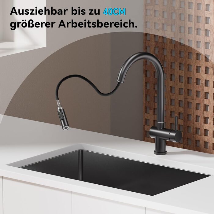 Кран кухонний високого тиску SEMANEY з висувною лійкою, поворотний на 360°, одноручковий, матовий чорний