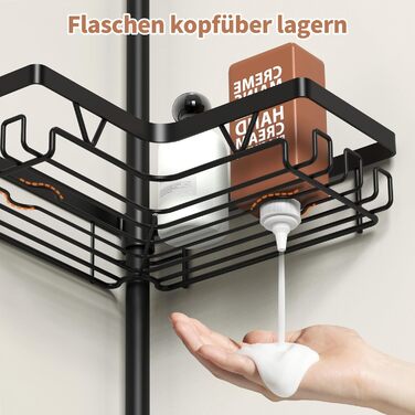 Настінна поличка для душу YIGII з телескопічною штангою, з нержавіючої сталі, чорна, 4 яруси, без свердління, з тримачем для зубних щіток, регульована 63.5–290 см