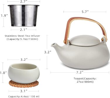 ZENS Modern Japanese Teapot, 800ml Matte White Ceramic Teapot with Infuser, Wooden Handle Small Japanese Teapot for Loose Leaf Tea, White Tea, Green Tea Steeper, Gift for Tea Lovers (10-grey Tea Service-4 Cups)