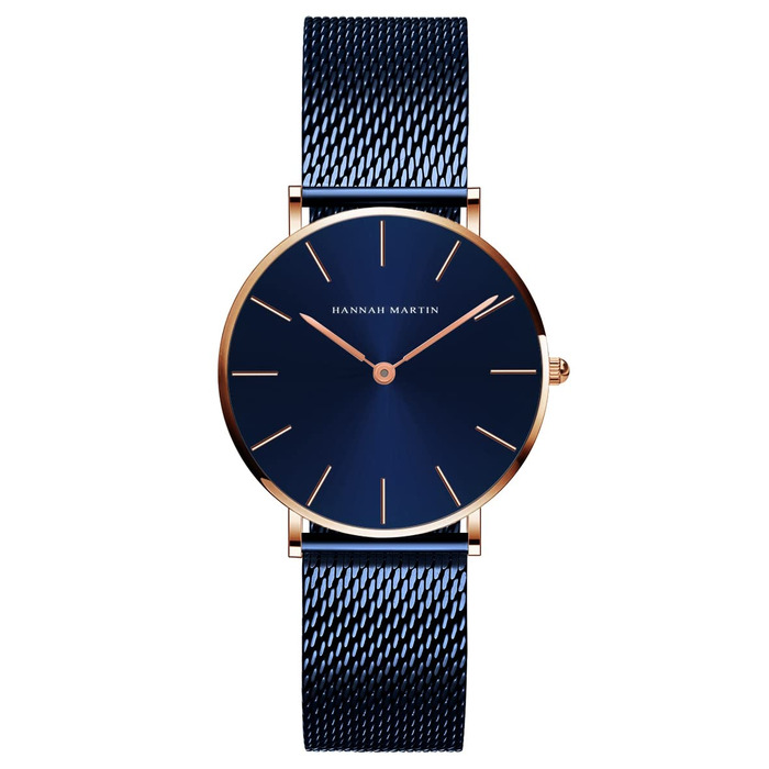 Годинник жіночий Hannah Martin, кварцовий, з нержавіючої сталі, водонепроникний, сітка, ультратонкий (блакитна поверхня, блакитний ремінець)