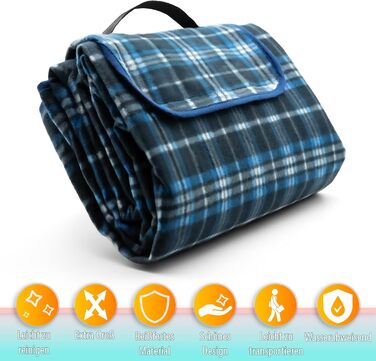 Плед для пікніка BigDean 200x200 см водонепроникний, клітинка, темно-синій – великий плед для пляжу, саду, парку