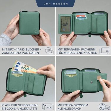 VON HEESEN гаманець із натуральної шкіри з RFID-захистом, бірюзовий, для чоловіків та жінок, з монетницею