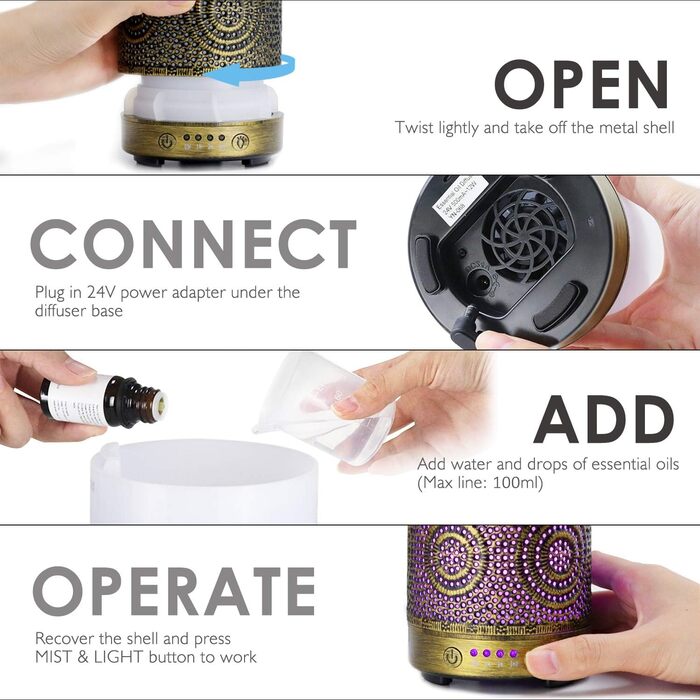 SALKING Аромадифузор, 100 мл, Металевий, для дому та офісу, з підсвіткою, 7 кольорів, для ефірних олій, зволожувач повітря, золотий