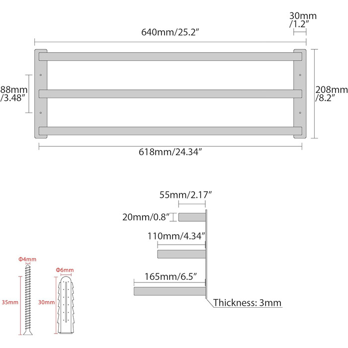 Тримач для рушників SAYAYO, чорний, 64 см, 3 стійки, для ванної кімнати та кухні