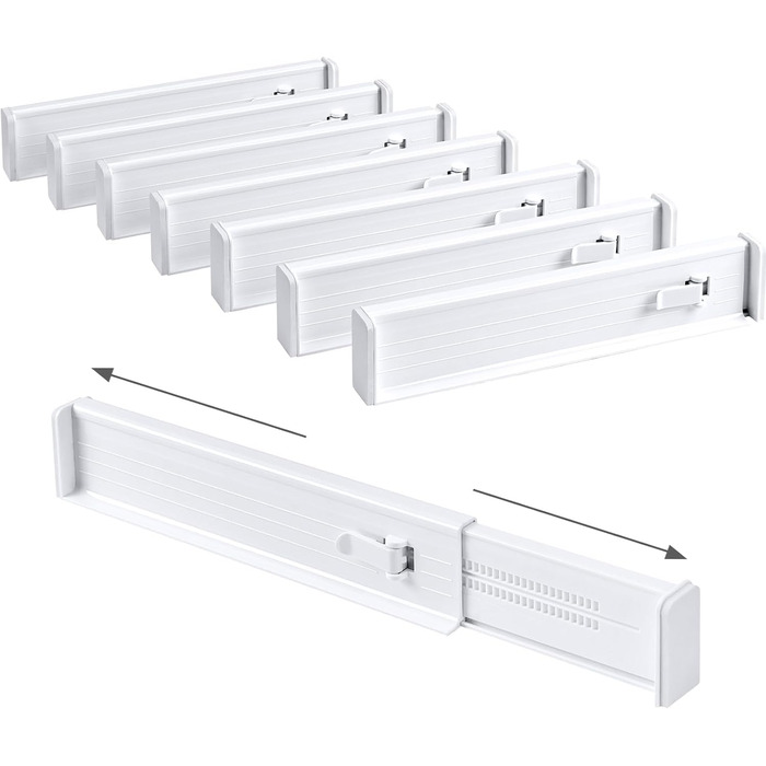 DIMJ 8-Piece Drawer Dividers Adjustable (32.6-56cm) Plastic, Closet Organizer for Kitchen Storage, Bedroom, Dresser, Light (8 Pieces, White)