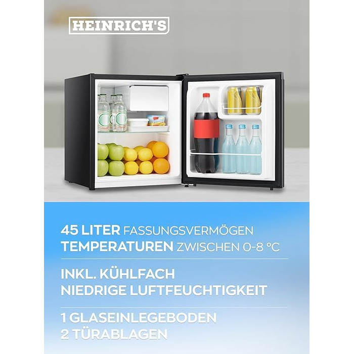 Холодильник для напоїв HEINRICHS 45L: компактний, тихий (39db) з окремим відділенням для охолодження. Ідеально для офісу, кемпінгу, саду, відпочинку на природі (чорний)