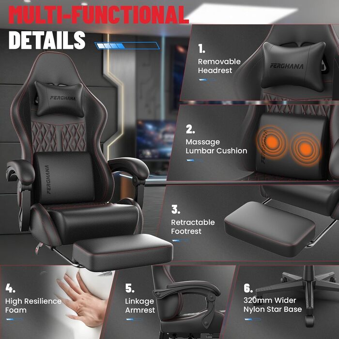 Ергономічне ігрове крісло Gaming Stuhl з підставкою для ніг, регульованою спинкою (90–135°), поперековою та підголівником, офісне комп'ютерне крісло геймера (Чорне)
