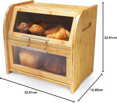 Бамбуковий хлібний ящик Arise з вентиляцією, 2 полиці та вікно, для хліба, бургерів, сендвічів. 40 x 26 x 37 см