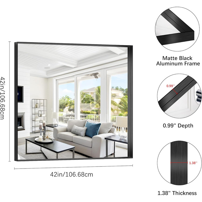 Дзеркало настінне прямокутне без рами 75x75 см, для ванної, спальні, вітальні, чорне