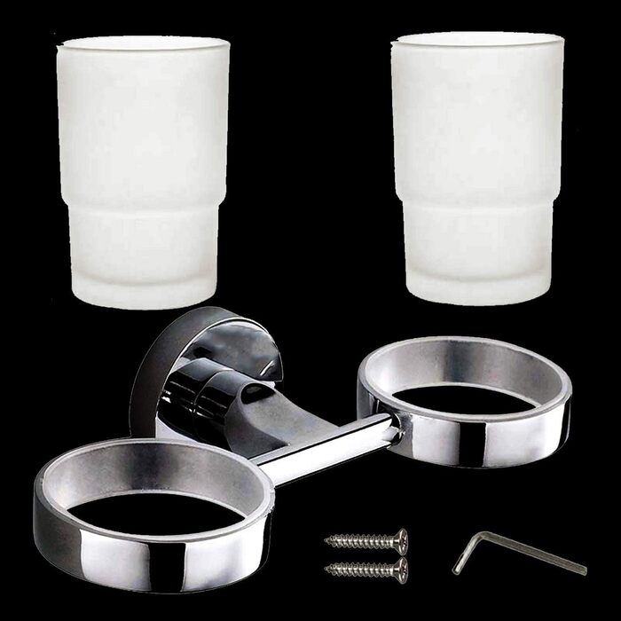 Double-Walled Glass Holder Toothbrush Holder Stainless Steel Double Wall Holder with 2 Glass Cups