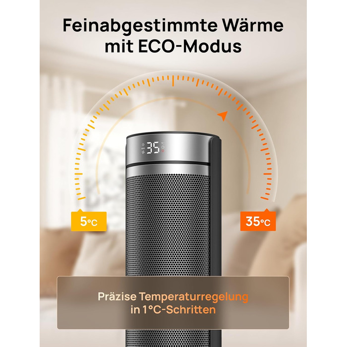Електричний обігрівач Dreo 23 дюйми, 2000 Вт, тихий, з пультом керування, таймером 12 годин, 70° коливанням, 5 режимів, PTC кераміка з термостатом, для великих приміщень, офісу, срібний