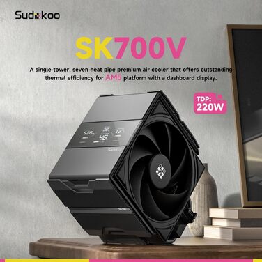 Кулер для процесора Sudokoo SK700V AM5 з дисплеєм та 6 heatpipes: 120мм вентилятор для AM5, безперешкодний доступ до RAM, 5 років гарантії (SK700V Чорний + MACH140)