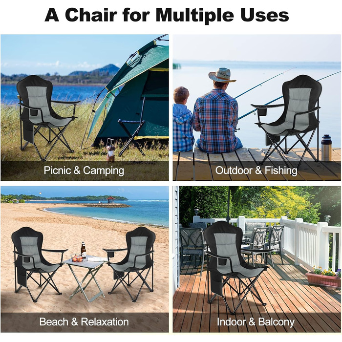 Набір 2 складаних стільців WOLTU для кемпінгу, риболовлі, саду, тераси, чорний + темно-сірий