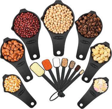 Black Measuring Cup and Spoon Set, 15 Pieces, Plastic, BPA-Free, Stackable, for Baking and Cooking