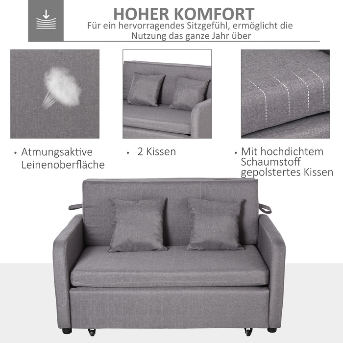 HOMCOM Sleeper Sofa, Sleeper Couch with Storage, Throw Pillows, Armrests, 2-Seater Sofa Bed with Sleeping Function, Linen Look, Upholstered Couch with Wheels for Living Room, Bedroom, Grey | Aosom