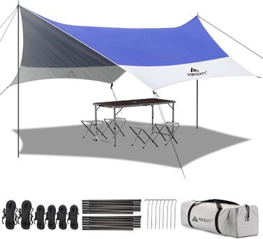 Тент Forceatt Zeltplane 3.7x4.3 м: ультралегкий, водонепроникний, з 6 точками кріплення, анти-UV. Підходить для кемпінгу, піших прогулянок та активного відпочинку на природі. Темно-синій & сірий колір.