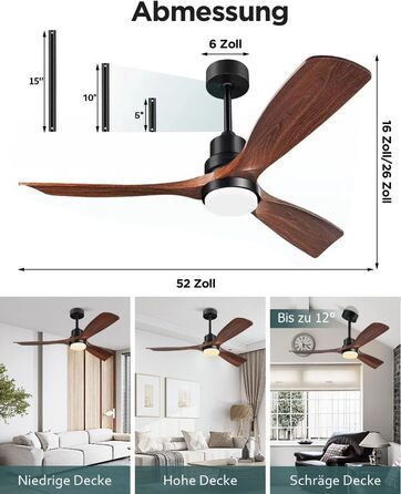 Стеляний вентилятор з підсвічуванням та пультом керування, тихий DC двигун, 132 см, 3 дерев'яних лопаті, таймер, 6 швидкостей, сертифікат ETL, режим літо/зима для спальні, коричневий