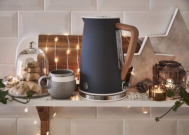 Swan Nordic Ultra Fast Electric Kettle - Wireless, Modern Design, 1.7L, 2200W, Wood-Look Handle, Auto Shutoff, White (Gray, Single)
