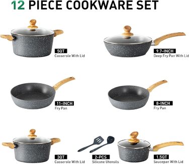 Набір посуду Kitchen Academy 12 предметів з антипригарним гранітним покриттям для індукційних плит, сірий