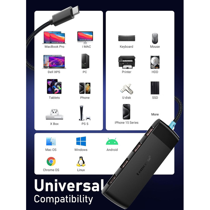 Lemorele USB-C док-станція: 4K HDMI, 4x USB 3.0/2.0, 100W PD, SD/TF, USB-C 3.0 - для MacBook, Dell, HP, Lenovo, Asus