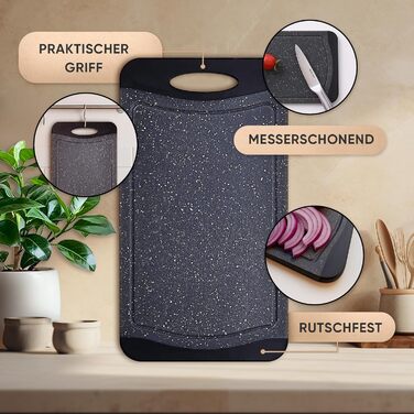 Набір дощок для сніданку NEOFLAM® 25x14 см, 4 шт. - Дошки для нарізання з пластику, BPA-free, антибактеріальні, з жолобком для соку, чорний мармур, стійкі до миття в посудомийній машині