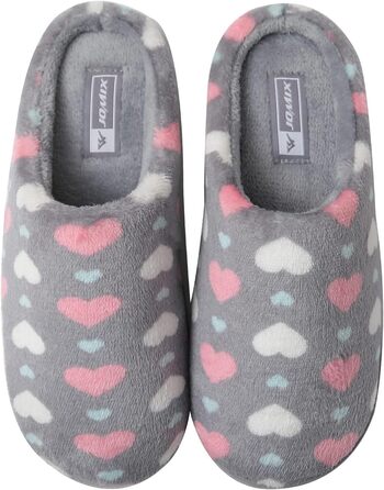 Тапочки жіночі JOMIX Winter Hausschuhe з сердечками, теплі, з плюшевою підкладкою, зручні, антиковзні, для дому, сірий світлий, 39 EU