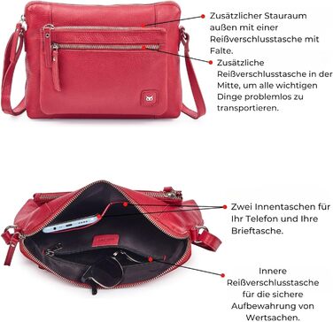 Сумка через плече Wise Owl з натуральної шкіри: жіноча та чоловіча, червона Nappa, 5 відділень на блискавці