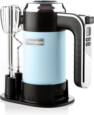 Westinghouse Retro Hand Mixer, 5 Speed Settings + Turbo Function, 2 Beaters, 2 Dough Hooks, LCD Display, Timer, Non-Slip Base, Storage Bag, 350 Watts, Light Blue