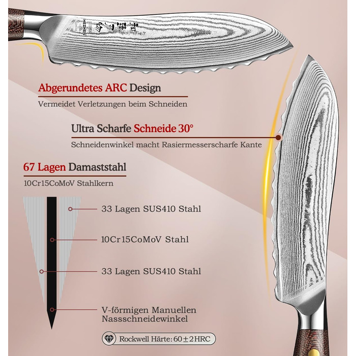 HEZHEN ніж кухарський 21 см з дамаської сталі 67 шарів, професійний, з дерев'яною піхвою, Full Tang з мікарти