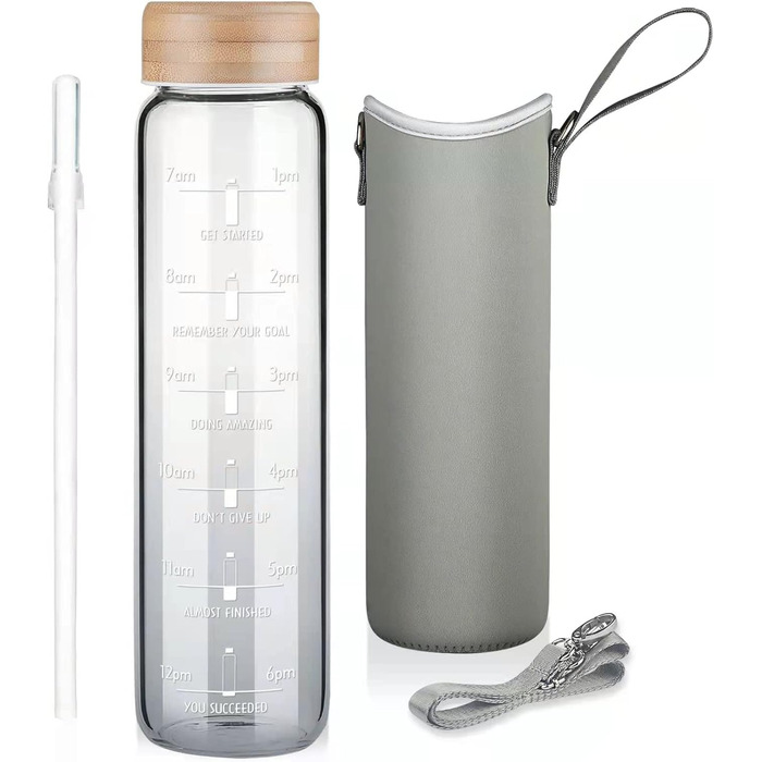 1 Liter Drinking Bottle Glass with Straw & Time Marker, 1L Motivational Glass Water Bottle with Protective Sleeve, Borosilicate Glass Bottle for Carbonated Drinks, Leak-Proof (Gradient Black)