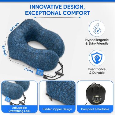 Подушка для шиї W.S. Sells з піною Memory Foam, комплект для подорожей (маска для сну, навушники, чохол), для літака, авто, пригод (темно-синій)