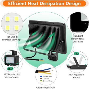 LED Floodlights with Motion Sensor Outdoor 50W 2 Pack, 5000LM LED Floodlights with Motion Sensor Outdoor, 6500K Outdoor Lamp Outdoor Floodlight, IP67 Waterproof Spotlight Outdoor for Warehouse Garden Garage (100W-2PC)