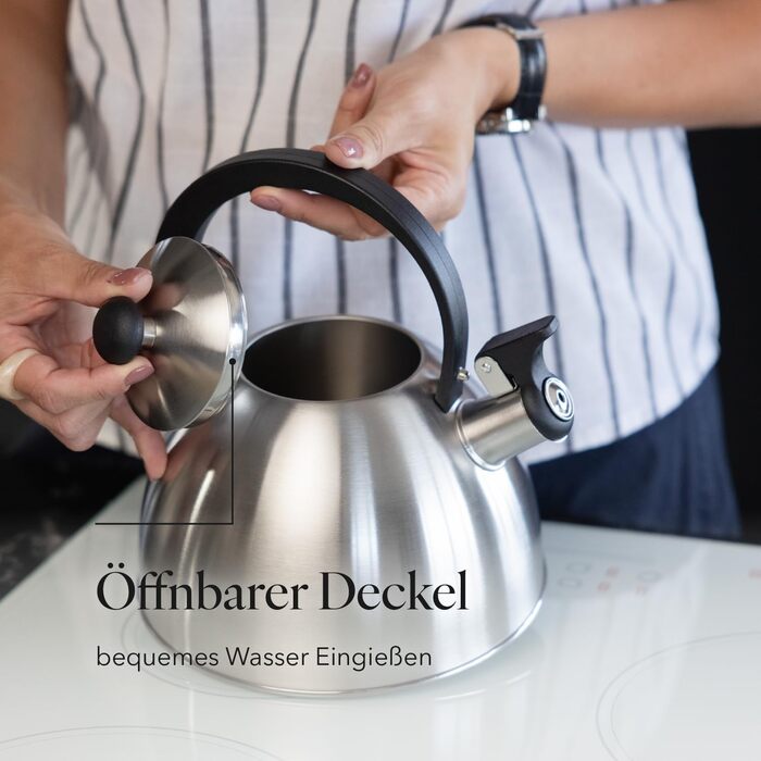 Чайник FLORINA Brillo з нержавіючої сталі (2,5 л) | Чайник-свисток для плити (індукційна, газова, електрична) | Сріблястий | Зручна ручка з бакеліту