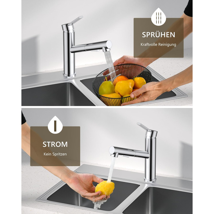 Змішувач кухонний DAYONE з висувною лійкою, нержавіюча сталь, 3 режими, 360° обертання, для кухонної мийки (15 см), матовий (хром, низький вигин-337)