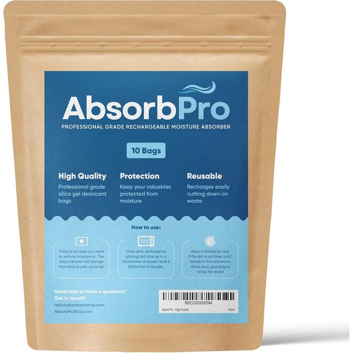Absorb Pro Rechargeable Moisture Absorber Bags, 10 Pack, 100g, Reusable Moisture Absorbers, Silica Gel Packets for Trash Cans, Gym Bags, Gun Safes, Food Storage