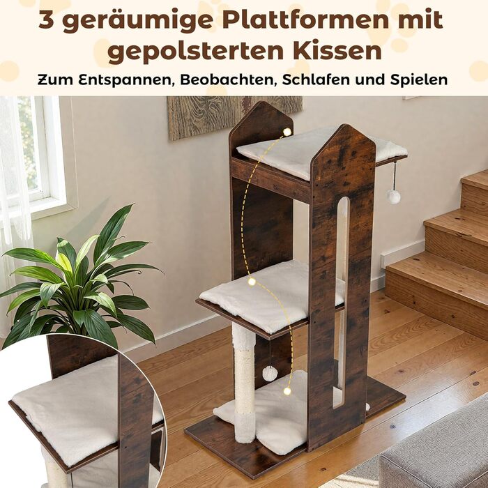 Кігтеточка для котів COSTWAY з будиночком та м'якими килимками, дерев'яний будиночок для котів, кігтеточка-кліматичне дерево, ігровий комплекс для котів 69x39x80,5 см (коричневий)