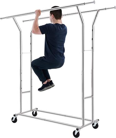 HOKEEPER Heavy-Duty Clothes Rack, Commercial Grade, Up to 181 kg (400 lbs) Load Capacity, Extendable Clothes Rod on Wheels, Durable Double Rails for Hanging Clothes, Silver