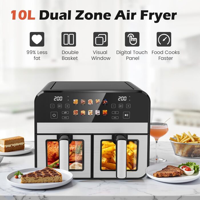 Фритюрниця повітряна KAITOL Dual Zone 10L, 2400W з подвійними зонами, 10 програм, цифровим дисплеєм, антипригарним покриттям, функціями розморожування та випікання, чорного кольору