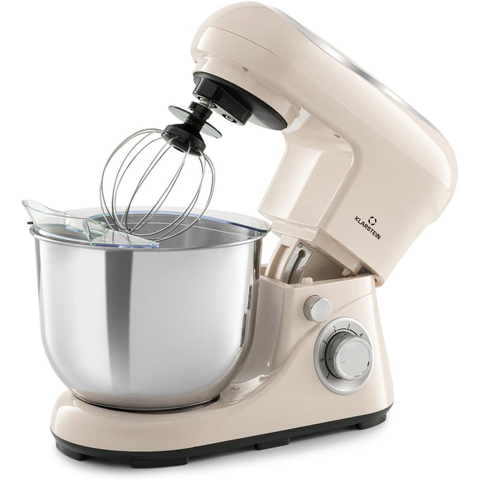 Klarstein Kitchen Machine - 1300W Stand Mixer with 6 Speed Settings, Dough Hook, Whisk & Beater, 5L Bowl, Planetary Mixing System, for Bread Dough & Baking - Cream Color