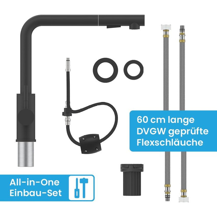 Кухонний змішувач Bächlein Varvaro – поворотний на 360° з висувним шлангом та душем, матовий чорний